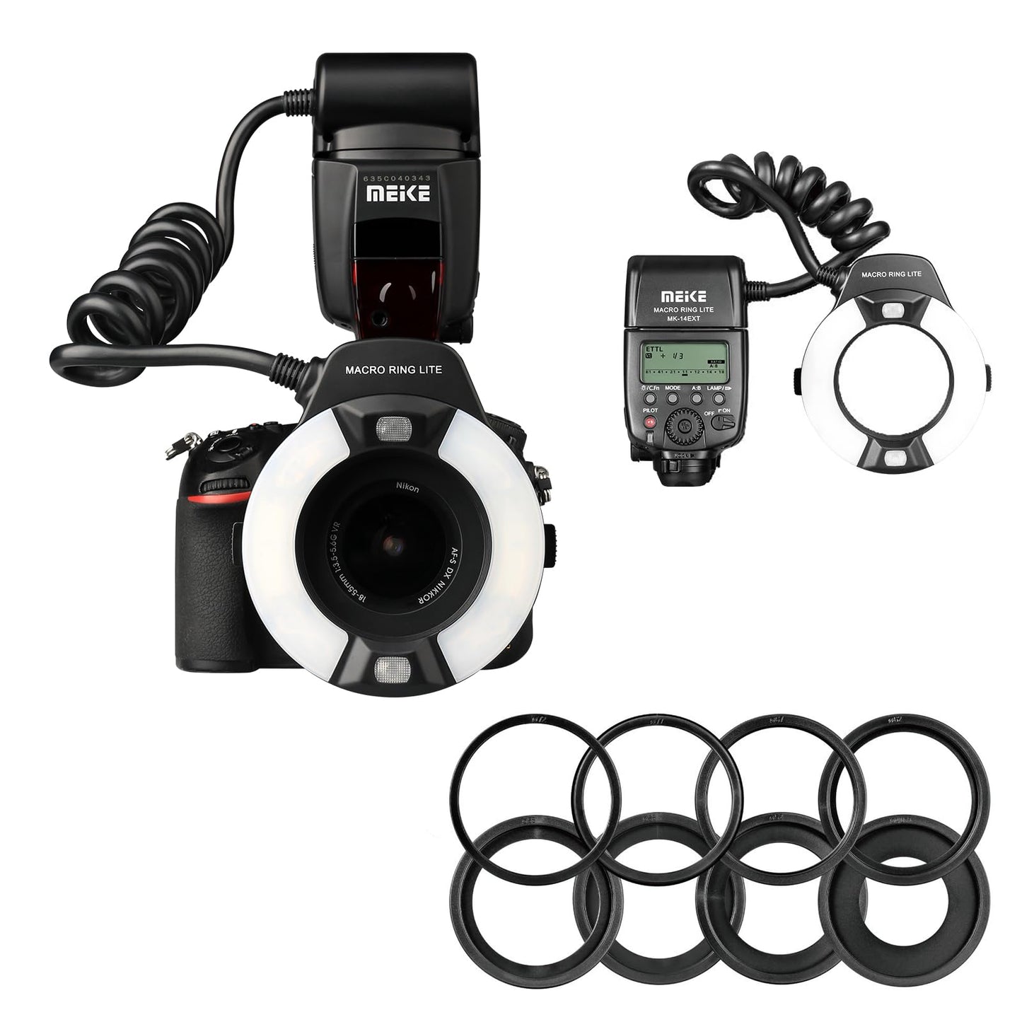 Meike MK-14EXT-N E-TTL Macro LED Ring Flash with LED AF Assist Lamp for Nikon DSLR Camera.