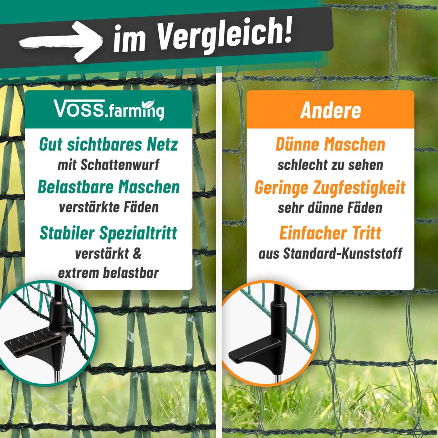 VOSS.farming 20m garden net, universal boundary fence, 80cm, 12 posts, dark green, dog fence, camping fence, garden protection.
