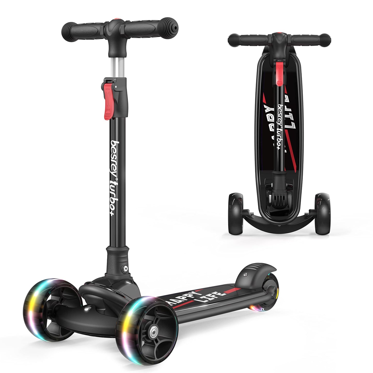 Besrey Kids Scooter, the safe tricycle scooter with PU LED light-up wheels, foldable adjustable height, lightweight with weight capacity up to 50 kg, suitable for toddler boys and girls.