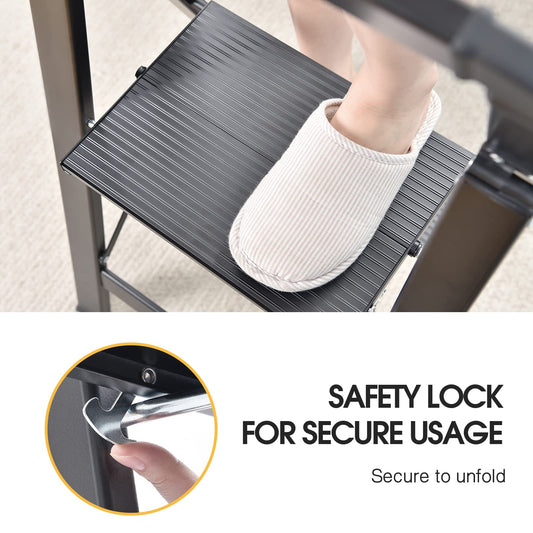 KINGRACK Aluminum Ladder, 3-Step Folding Step Ladder with Handrail, 150kg Capacity, Non-Slip Household Ladder with Locking Mechanism, Aluminum Ladder for Home, Office, Garden, Black.