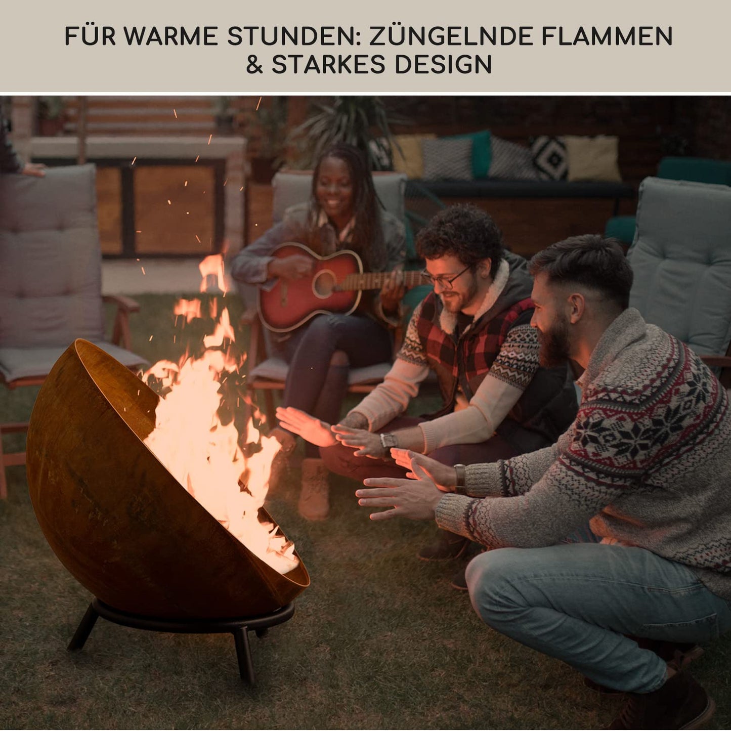 Blumfeldt Fire Pit, Outdoor Fireplace with 3-leg stand, Tilt-able Fire Bowls for Garden & Balcony, Large Camping Fire Pit, Weatherproof Garden Fire Bowl, 50x75x50 cm dimensions.