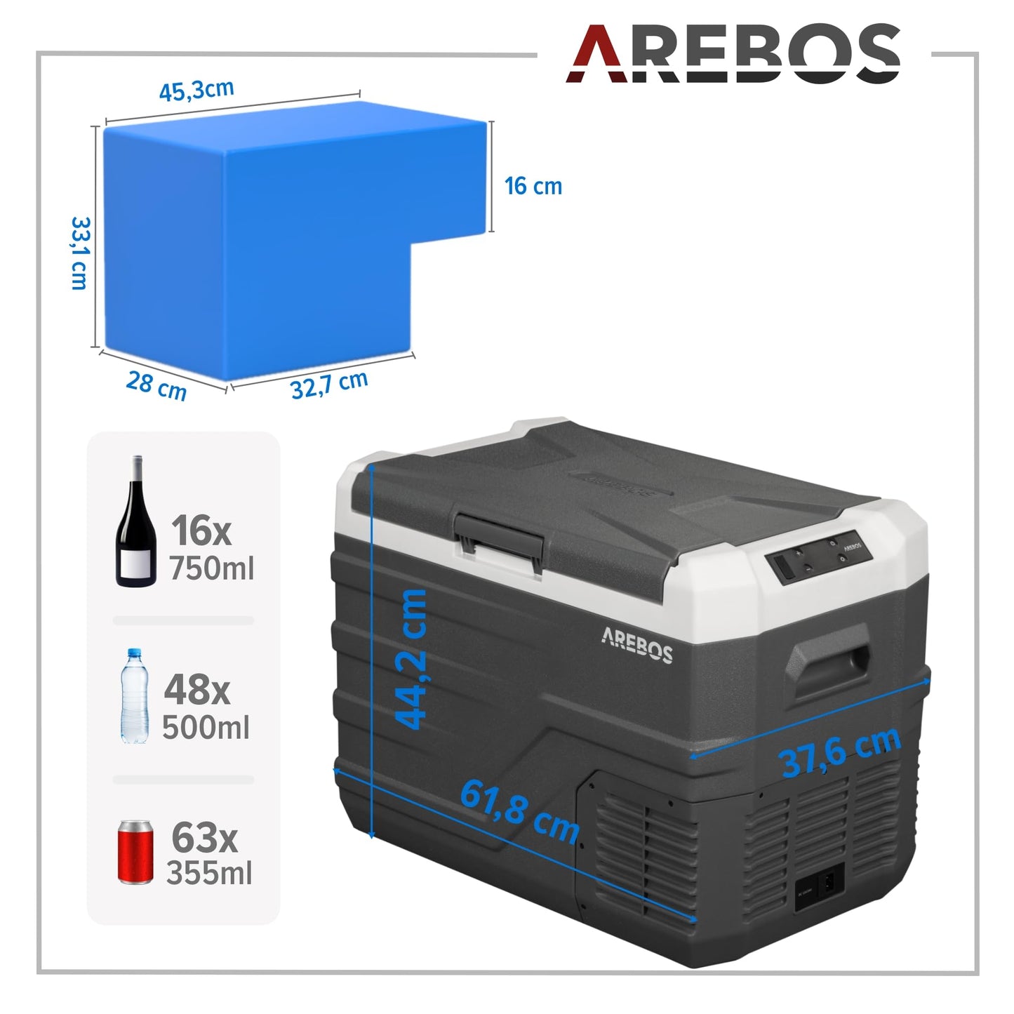 Arebos Compressor Cooler Box 35 liters | Electric Freezer Box with APP & Smart Control | Portable Cooler with USB connection | up to -20 °C | 12/24 V 230V | for Car, Truck, Camping, Boat, RV