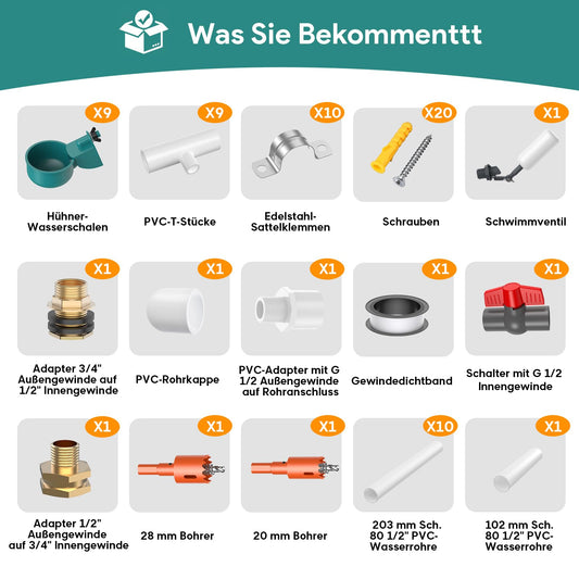 DIY Chicken Waterer Set, complete automatic poultry waterer with 9 drinking cups, 10 water pipes, ball valve, pure copper adapter, waterproof tape.