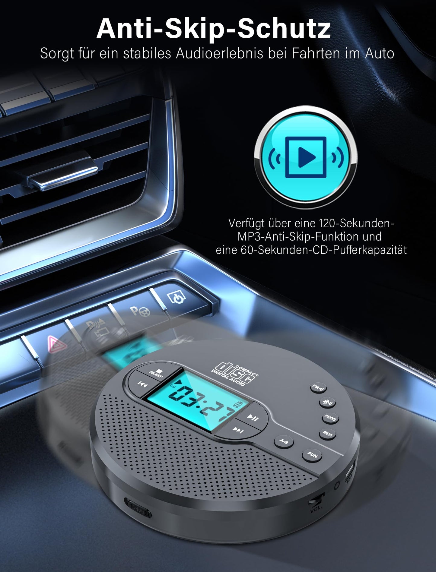 Discman CD player with Bluetooth FM transmitter, headphones, LCD screen, AUX, built-in speaker, USB connection, 2000mAh rechargeable portable CD player with anti-skip protection.