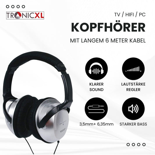 TronicXL TV headphones headband headphones with 6m long cable. Stereo TV headphones for TV, PC, HiFi with 3.5mm jack and 6.35mm plug. Wired, long cable.