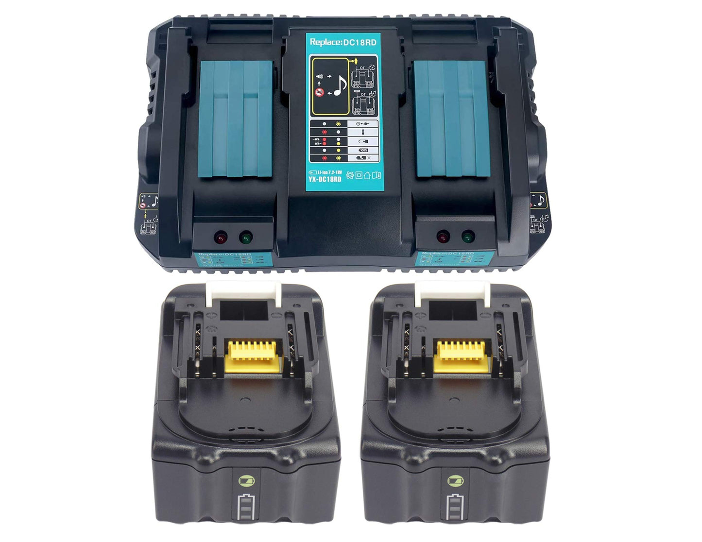 2 pieces 18V 5Ah BL1850 battery & charger DC18RD 2-port dual fast charger for Makita BL1830 BL1840 BL1850 BL1860 196933-6, radio DMR100, DMR101, DMR102, DMR103B, DMR104, DMR105, DMR108