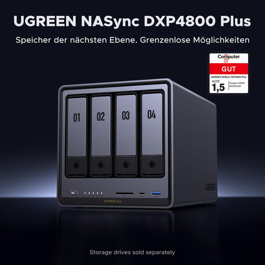 UGREEN NASync DXP4800 Plus 4-Bay Desktop NAS, Intel Pentium Gold 8505 5-Core CPU, 8GB DDR5 RAM, 128G SSD, 1 * 10GbE, 1 * 2.5GbE, 2*M.2 NVMe slots, 4K HDMI, Network Attached Storage (Diskless)