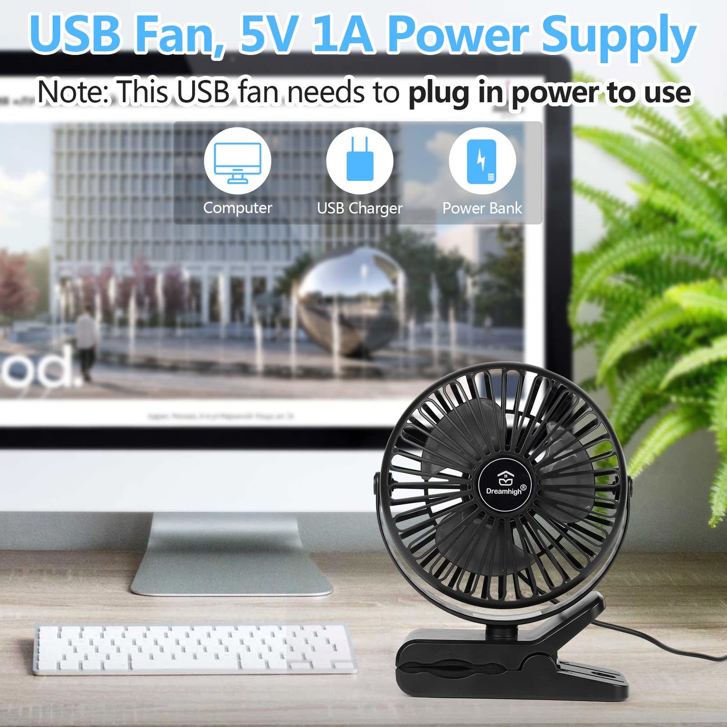 Dreamhigh® Mini USB Fan, 360° Rotatable Portable Clip Fan, 3 Speeds, Quiet Desk Fan for Desktop, Home, and Office, Black (USB Powered)