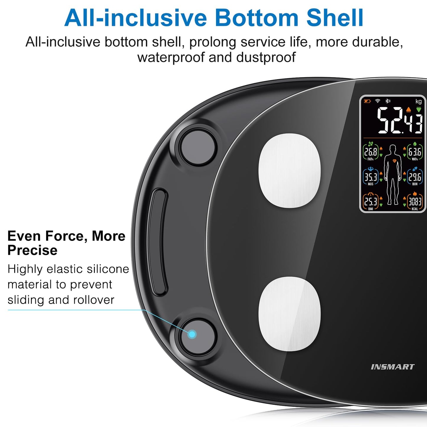 INSMART smart body fat scale digital scale with APP, Bluetooth scale for heart rate, body fat, BMI, weight, muscle mass, water, protein, skeletal muscle, BMR, etc. (18 data points)