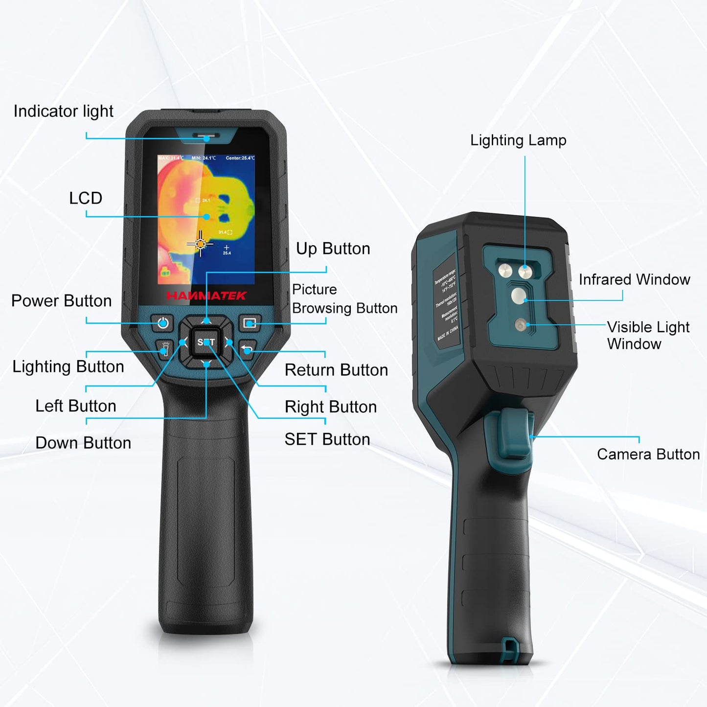 Infrared thermal imaging camera HANMATEK Ti120, resolution of 120 x 90 pixels, temperature range -20°C to +400°C, Professional thermal imaging camera ± 2% accuracy of the measurement value.