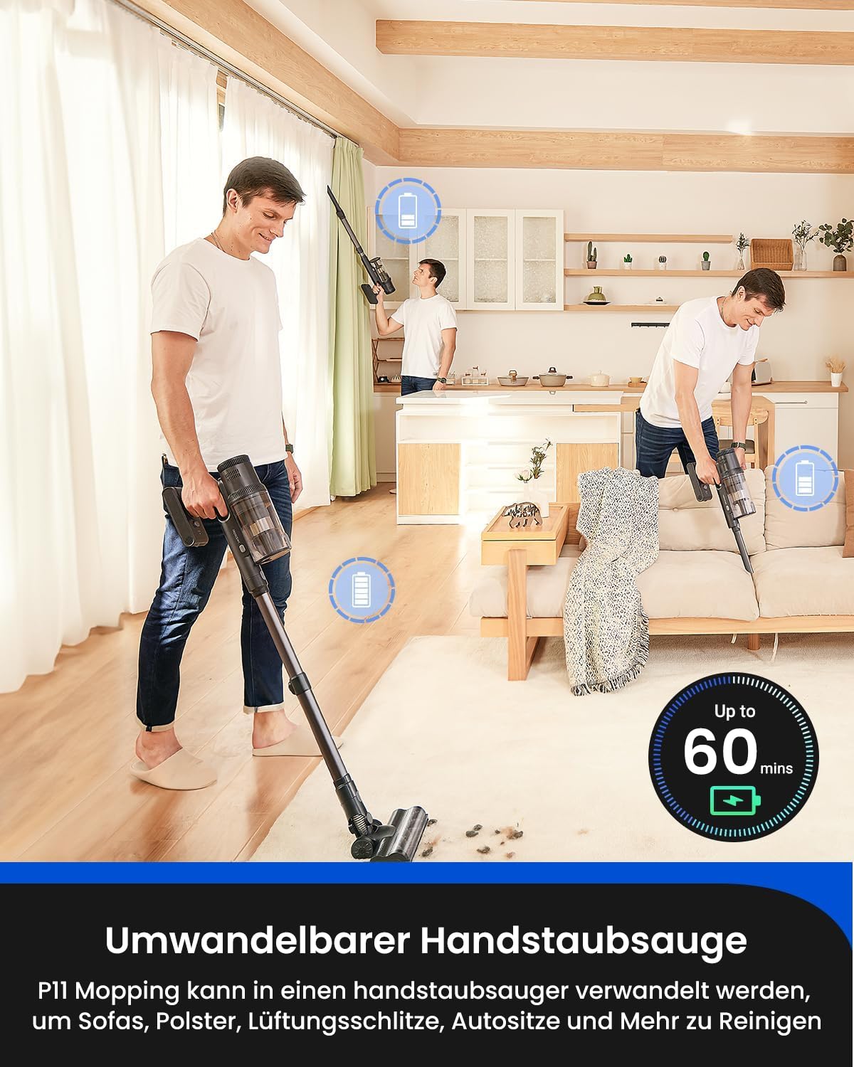 Proscenic P11 Cordless Vacuum Cleaner with Mopping Function, 45KPA-550W-60Min Battery Vacuum Cleaner, Vacuuming and Mopping, Anti-Tangle for Carpet, Hard Floors, Curtains, Pet Hair