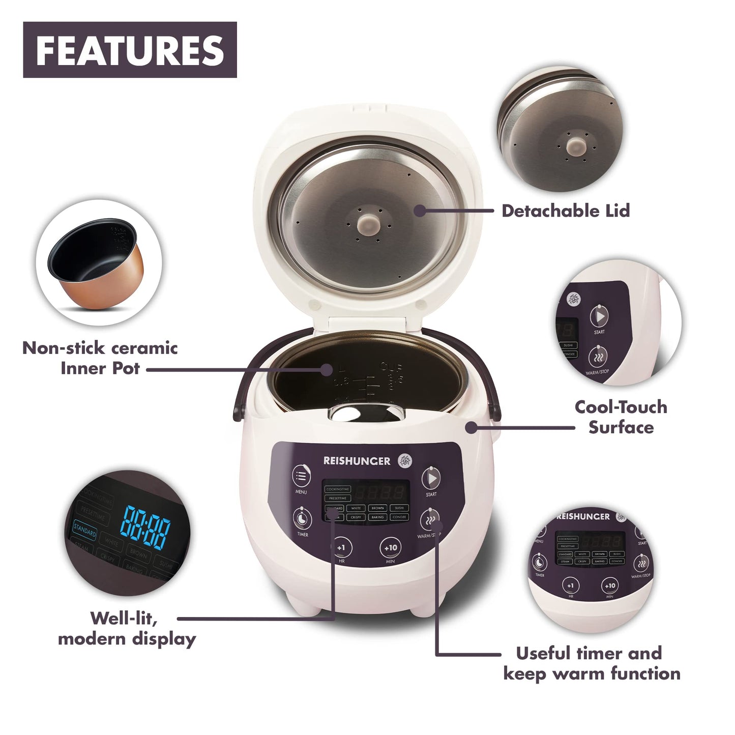 REISHUNGER Digital Rice Cooker Small, White | 0.6 L for 3 people | Keep Warm Function, Timer & Premium Pot | Small Multi-Cooker & Steamer, 8 Programs, 7-Phase Technology
