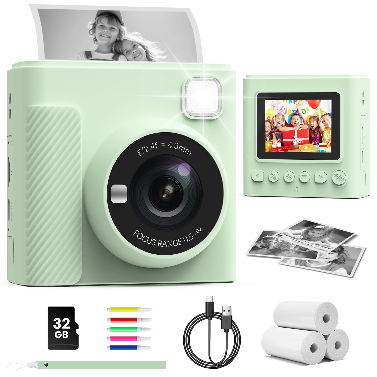 TIATUA Kids Instant Camera, 2.4" Instant Camera for Kids with 32G Card and Photo Paper Print, 1080P HD Kids Digital Camera, Gifts for Boys and Girls 3-12 Years (Green)