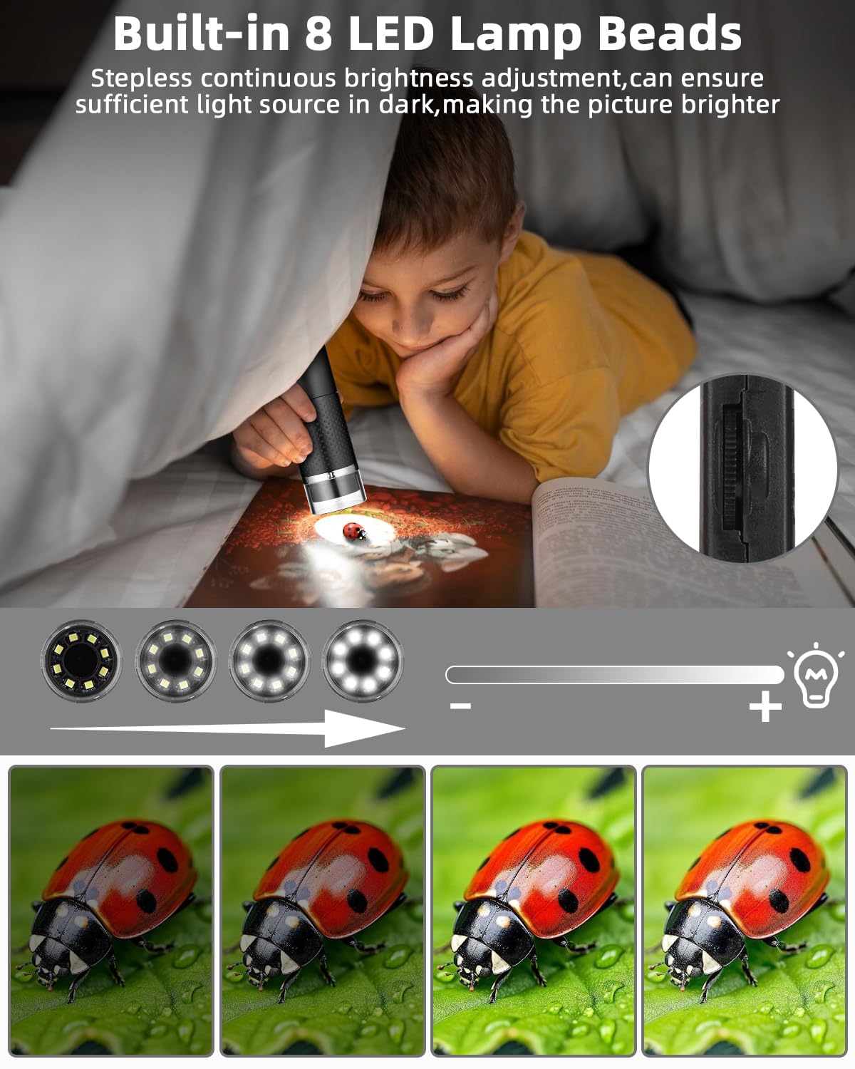 USB Microscope for Phone, 1080P HD, Compatible with iOS, Android, Tablet, 10 to 200X Portable Pocket Microscope, 3 Adjustable LED Lights Microscope Digital, Portable Microscope for Adults and Kids
