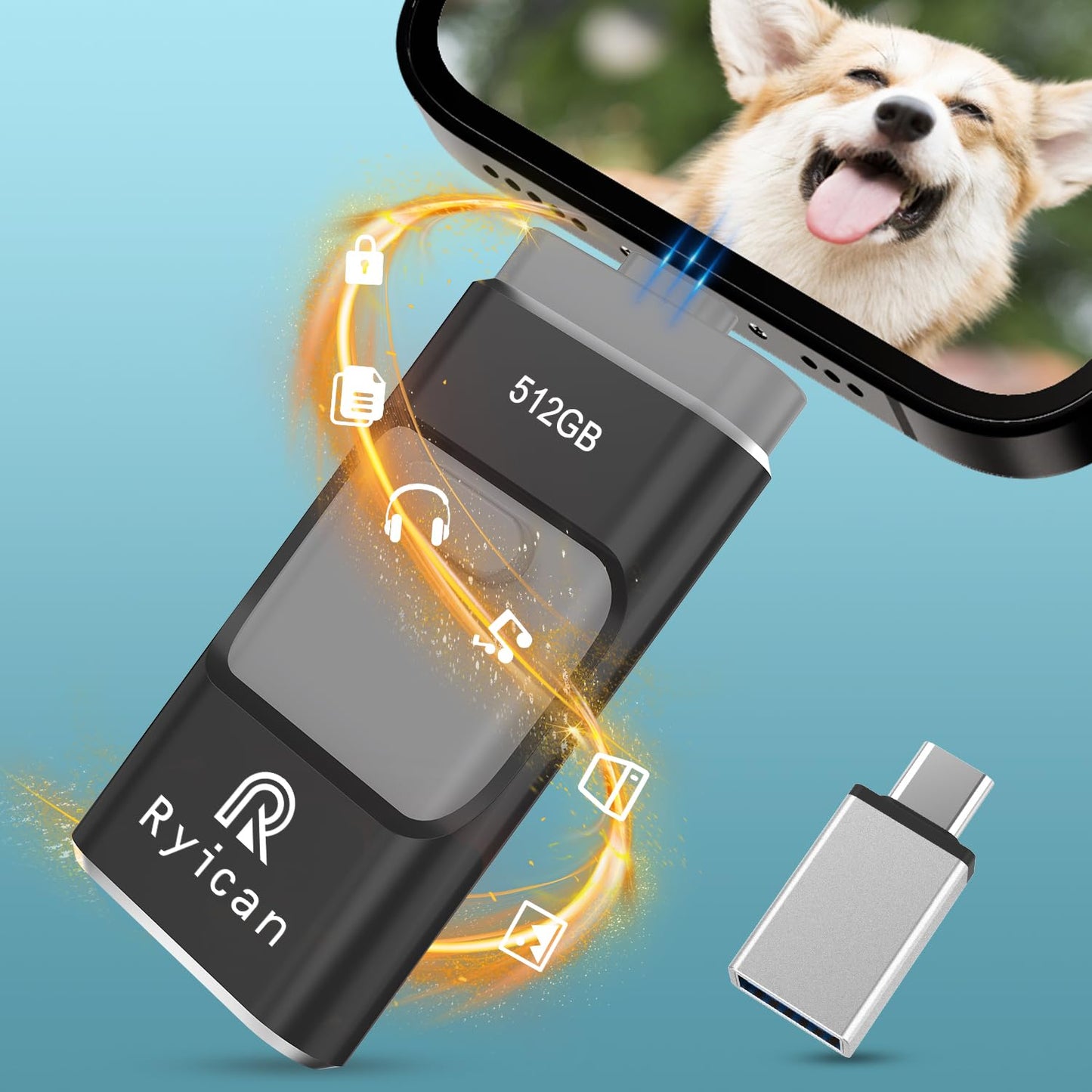 USB Stick for Phone Ryican 512GB storage stick for iOS Password-protected files 4 in 1 USB 3.0 Photostick Pendrive USB C for OTG Android/Laptop/PC/Pad, Data Transfer with one click (512G, Black)