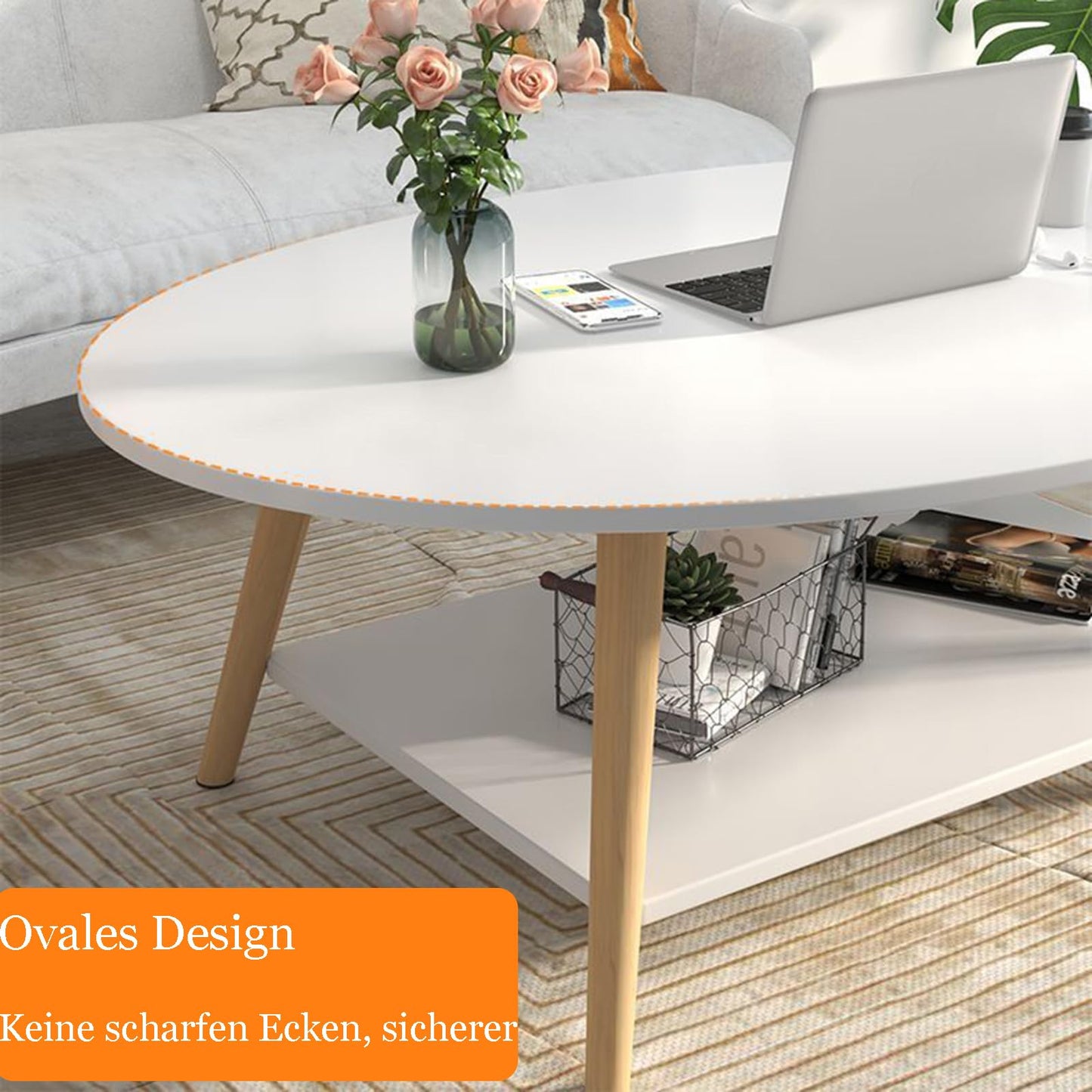 Anmas Power Double Layer Coffee Table, White Side Tables Wood, Oval Living Room Table, Pine Wood Table Legs, Sofa Tables (80 * 40 * 40)