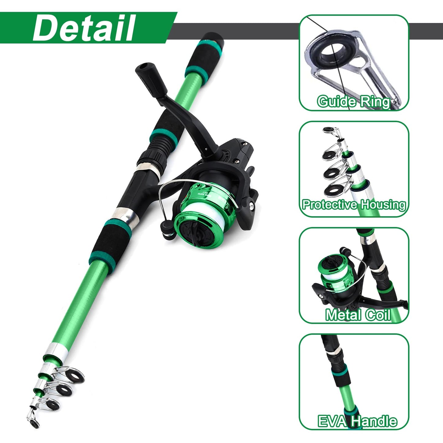 Kids fishing rod set, 1.8m beginner fishing rod for kids with reel and bait set, carbon fiber telescopic rod and reel, fishing gear for kids aged 3-10 (Green)
