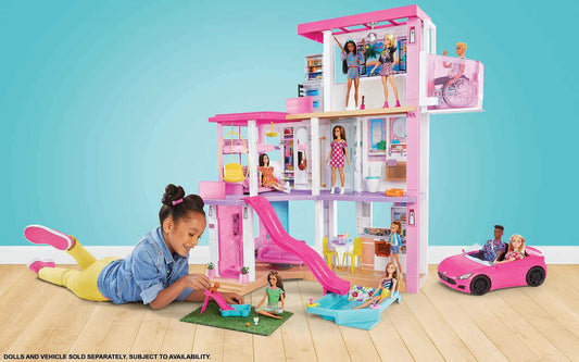 Barbie Dream House (114 cm), 3-story dollhouse with pool, slide, wheelchair lift, 75 accessories, dolls, suitable for children aged 3 and up, GRG93.