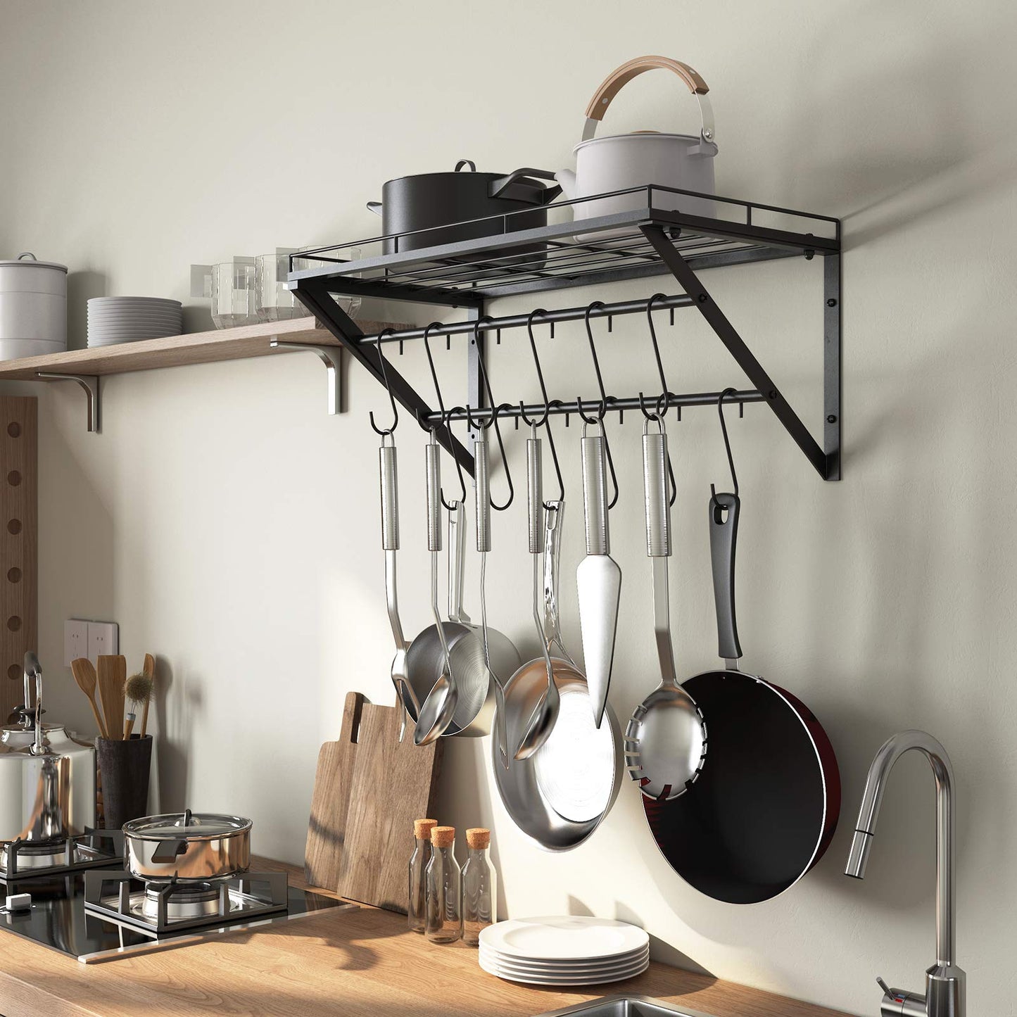 OROPY Pot Rack, 3-Tier Iron Kitchen Shelf Wall Mounted, Pan Holder with 12 Hooks, 60 * 29.5 * 24.5cm, Kitchen Utensil Holder, Kitchen Wall Shelf for Pots and Pans