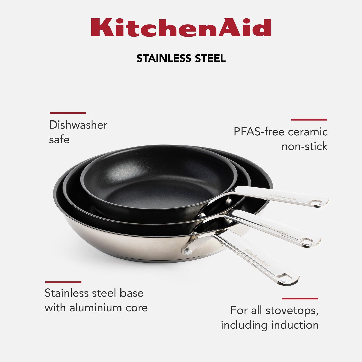 KitchenAid Stainless Steel 20cm, 24cm & 28cm Fry Pan Set, PFAS-Free Healthy Ceramic Nonstick Coating, Induction, Oven and Dishwasher Safe, Silver