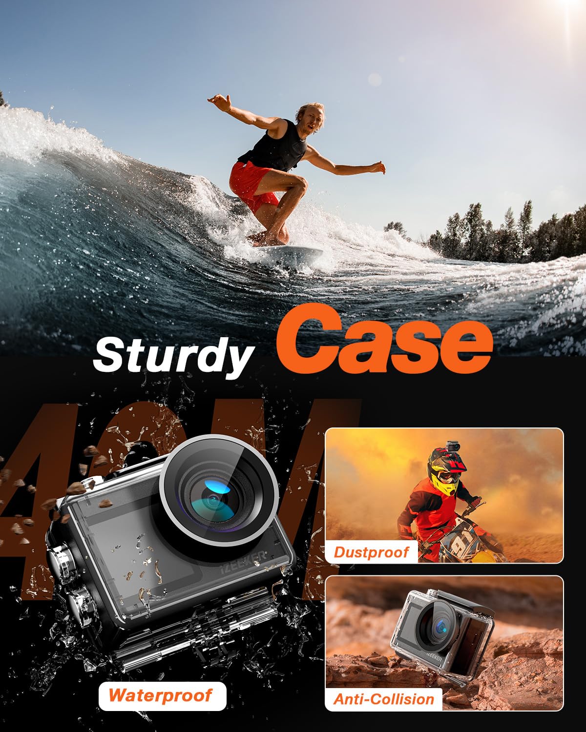 iZEEKER Action Cam 4K 24MP, Waterproof Underwater Camera 40M with EIS, Dual-Screen Camera, Touchscreen, Vlog Camera, Helmet Camera, WiFi, Remote Control, External Microphone, 2X1350mAh Batteries, Accessory Kit.