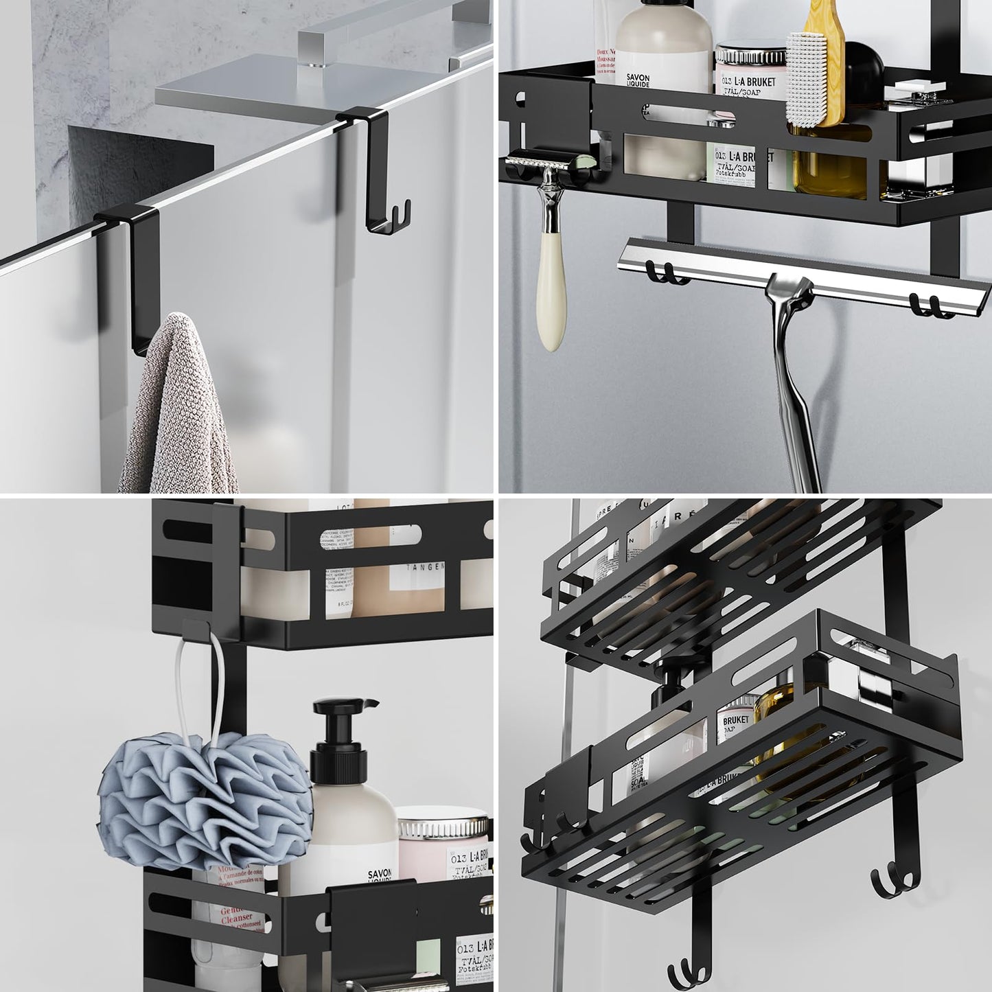Reading tour shower shelf without drilling in black, hanging shower shelf for glass shower doors with 2 shower baskets, 4 fixed hooks, 1 glass wiper hook, and 2 movable hooks included.