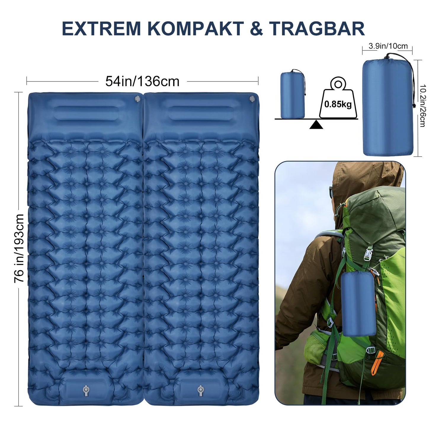 Haksimey self-inflating camping mat, ultra-light air mattress with foot pump. Includes pillow. Great for hiking and traveling.