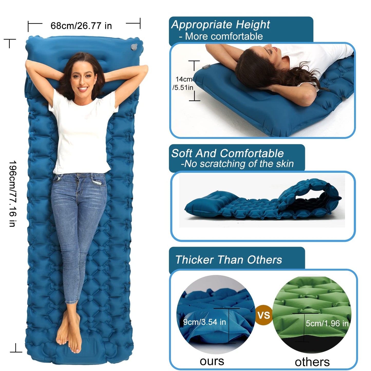 NHOWIN Self Inflating Sleeping Pad, 9CM Thickened Camping Air Mattress with Foot Press Pump & Pillow, Portable Ultralight Sleeping Mat Inflatable Mattress Outdoor for Hiking Backpacking