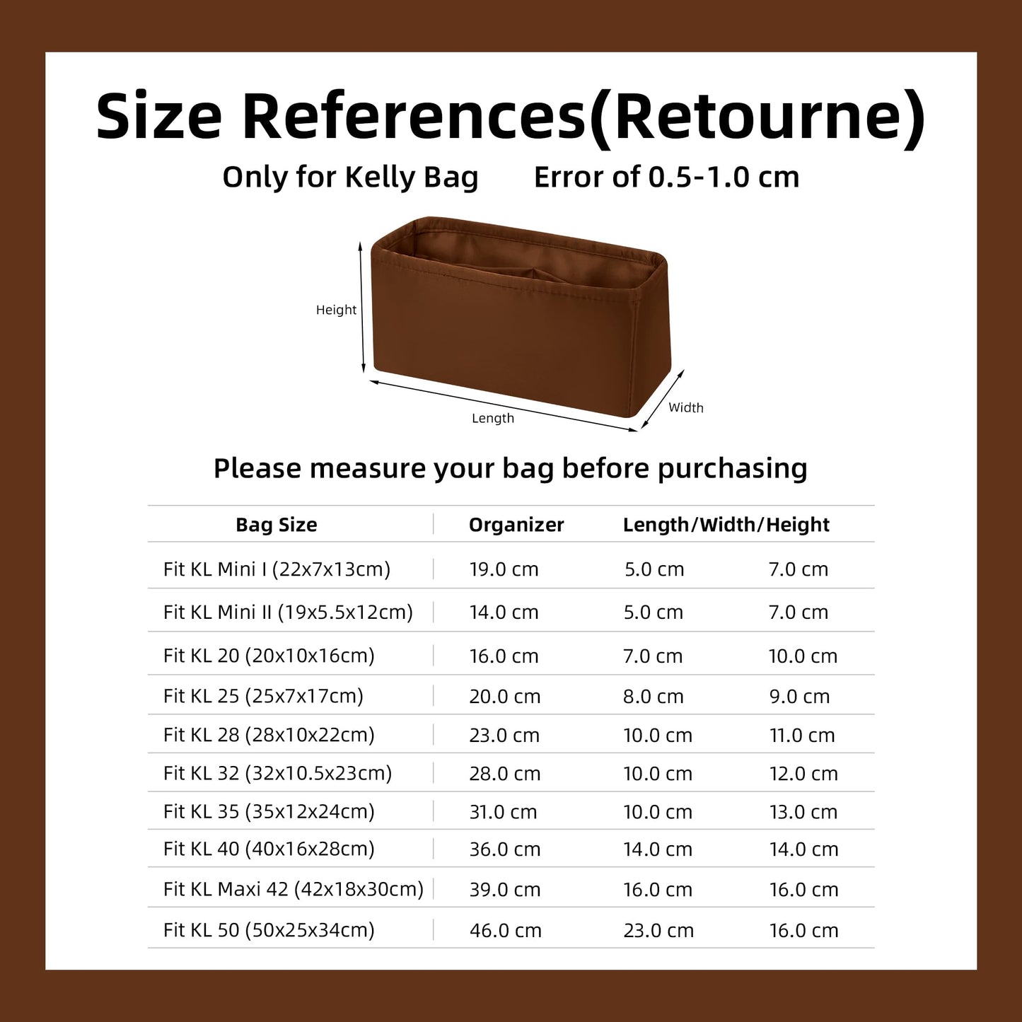 DGAZ Handbag Purse Organizer, Silk Inner Pockets for Kelly Pochette/Mini/25/28/32/35, Bag Organizer Insert for Women's Handbags (Gold, KL25)