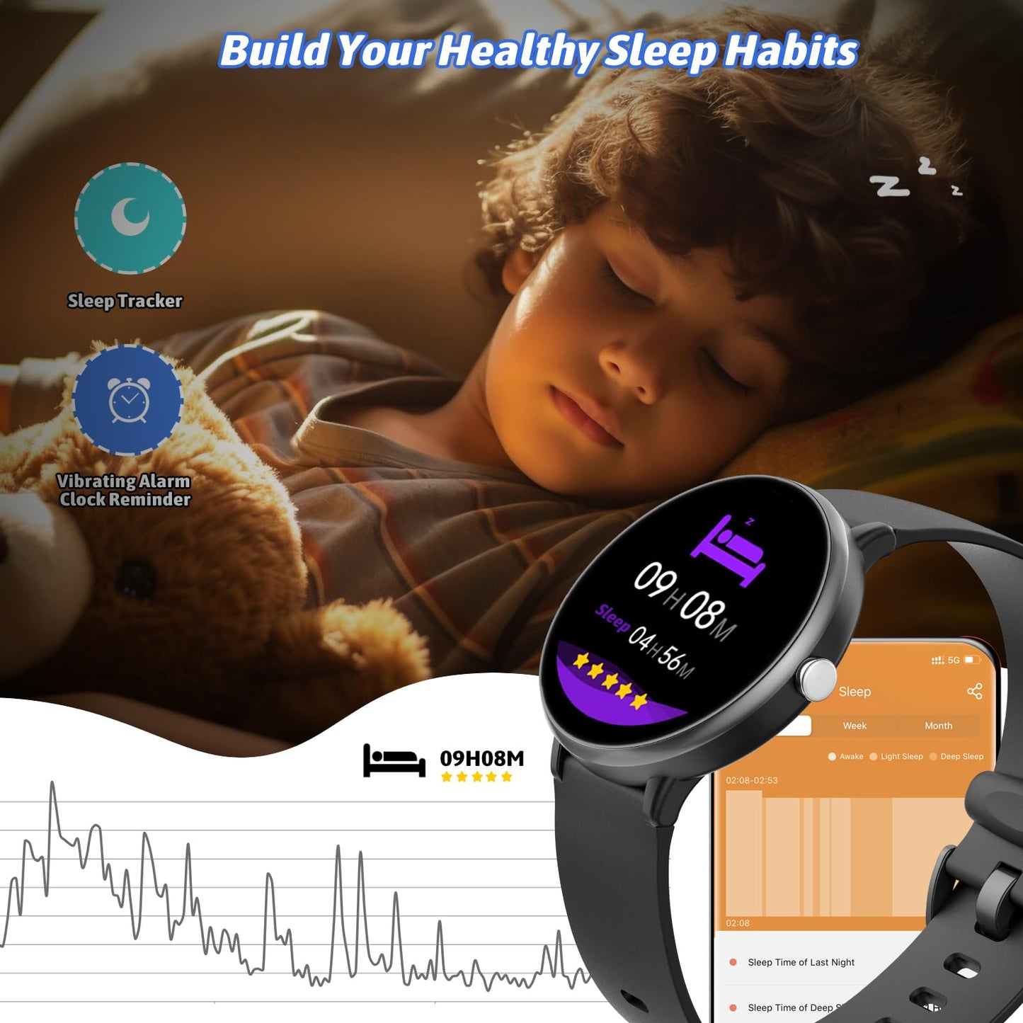Kids Smartwatch for Boys Girls, Activity Tracker Watch IP68 Waterproof, 19 Sport Modes, Heart Rate Sleep Monitor, Pedometer, Children's Gifts for Teens from 5 Years Old (Black)