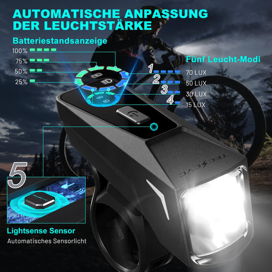 TECHCYC bicycle light set with light sensor, up to 70 lux LED bike lamp, StVZO approved bike lighting, USB rechargeable bike lamp, IPX6, 2500 mAh front bike lights & 300 mAh rear light.