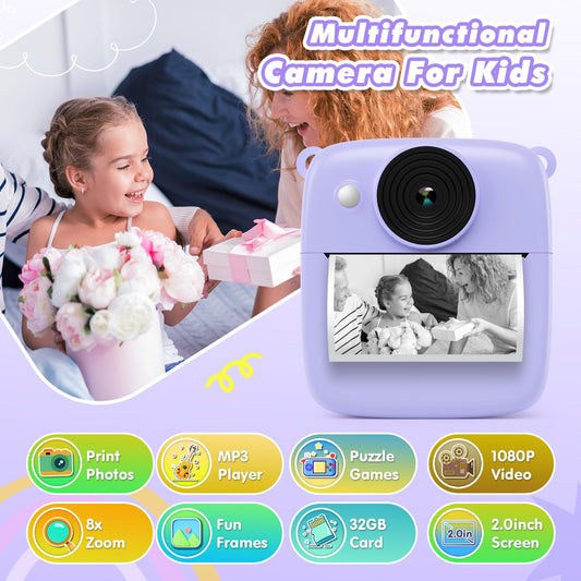 CalineGam Kids Camera Instant Camera, 48MP Instant Camera for Kids with 32GB Card & Printing Paper, 1080P Digital Camera for Kids, Gifts for Boys and Girls 3-12 Years (Purple)
