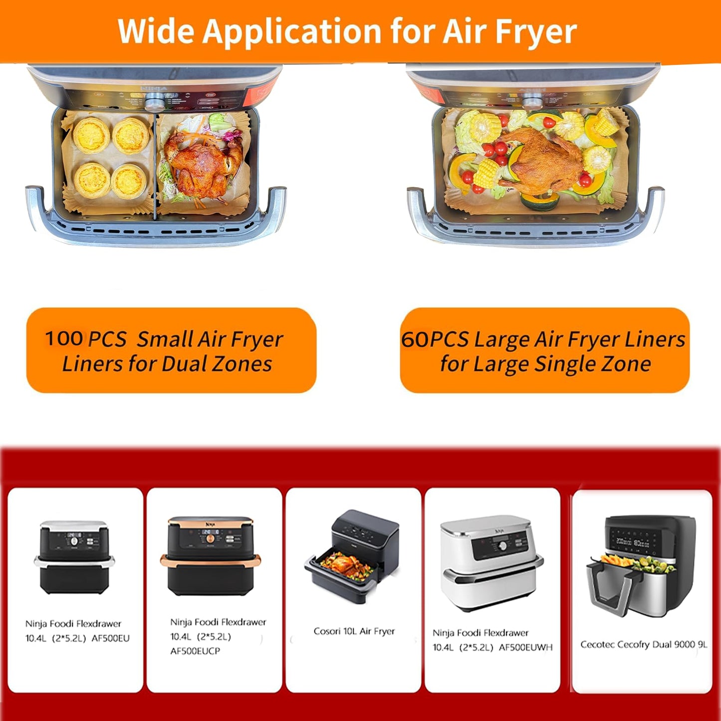 160pcs Airfryer parchment papers for Ninja Flex Drawer Dual Zone AF500EU 10.4L Air Fryer, compatible with Ninja Foodi AF500EU AF500EUCP Airfryer and Cecotec Dual 9000 9L.