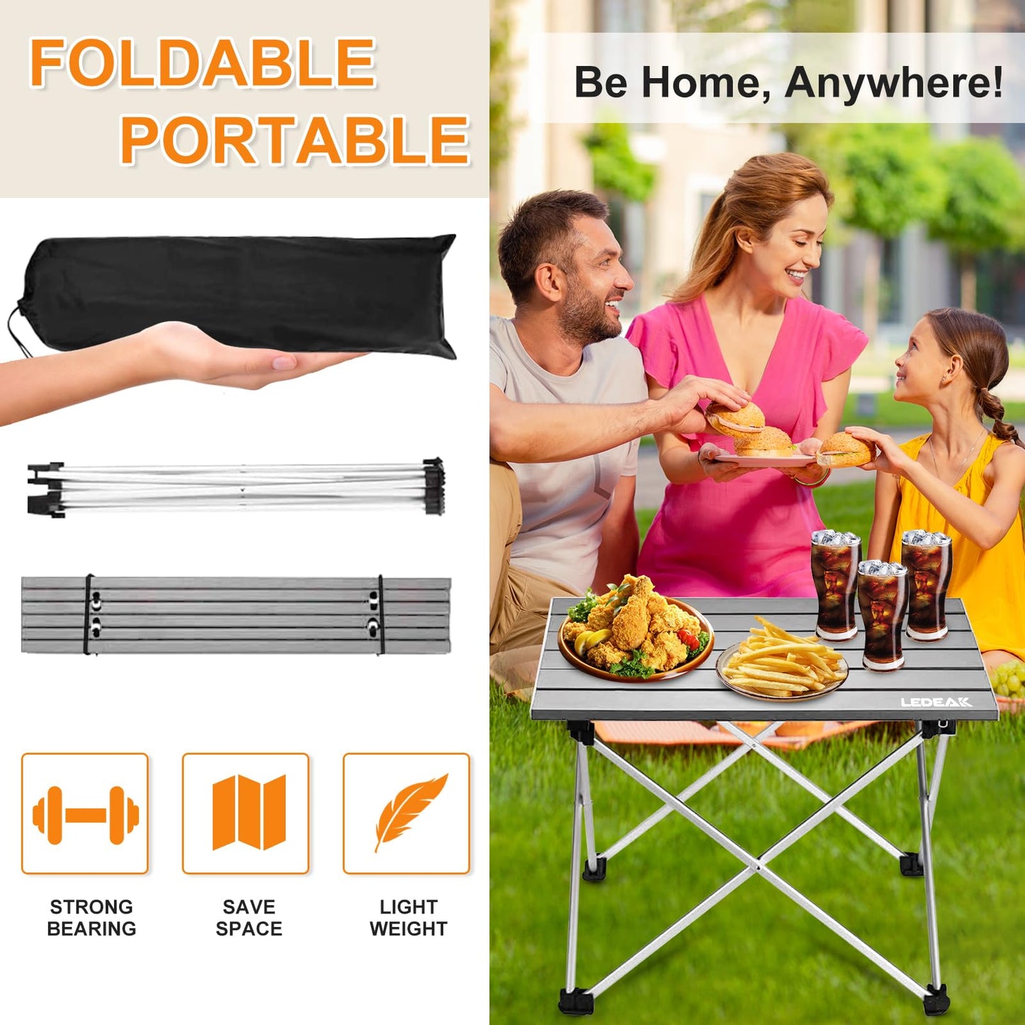 Ledeak Portable Folding Table, Aluminum Camping Table Ultra Light with Bag, Easy to Carry, Foldable Table Perfect for Camping Picnic Cooking Garden Hiking Travel (Gray, Small)