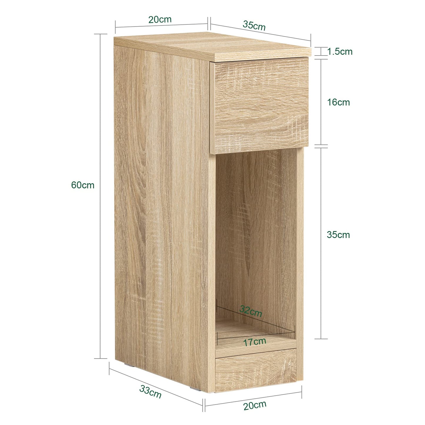 SoBuy 2-piece set of narrow bedside tables with drawer and shelf, nightstand for bedroom living room, natural wood, W20 x D35 x H60 cm FBT111-Nx2