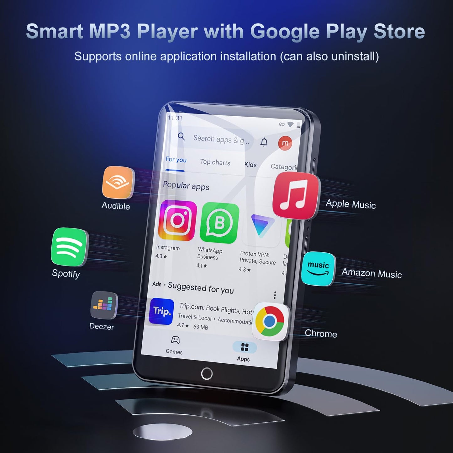 80GB WiFi MP3 player with Bluetooth, 4-inch touchscreen Android 9.0 MTK 8-core Spotify MP4 player, portable music player with speaker, with Play Store app, support for install/uninstall.