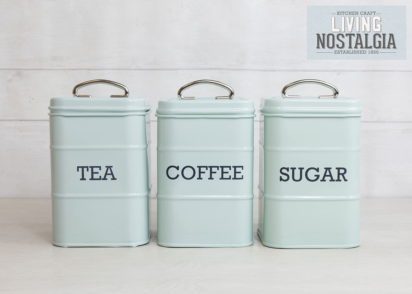 KitchenCraft Living Nostalgia Canisters for Tea, Coffee and Sugar in Gift Box, Steel, Vintage Blue, 3 Piece Set