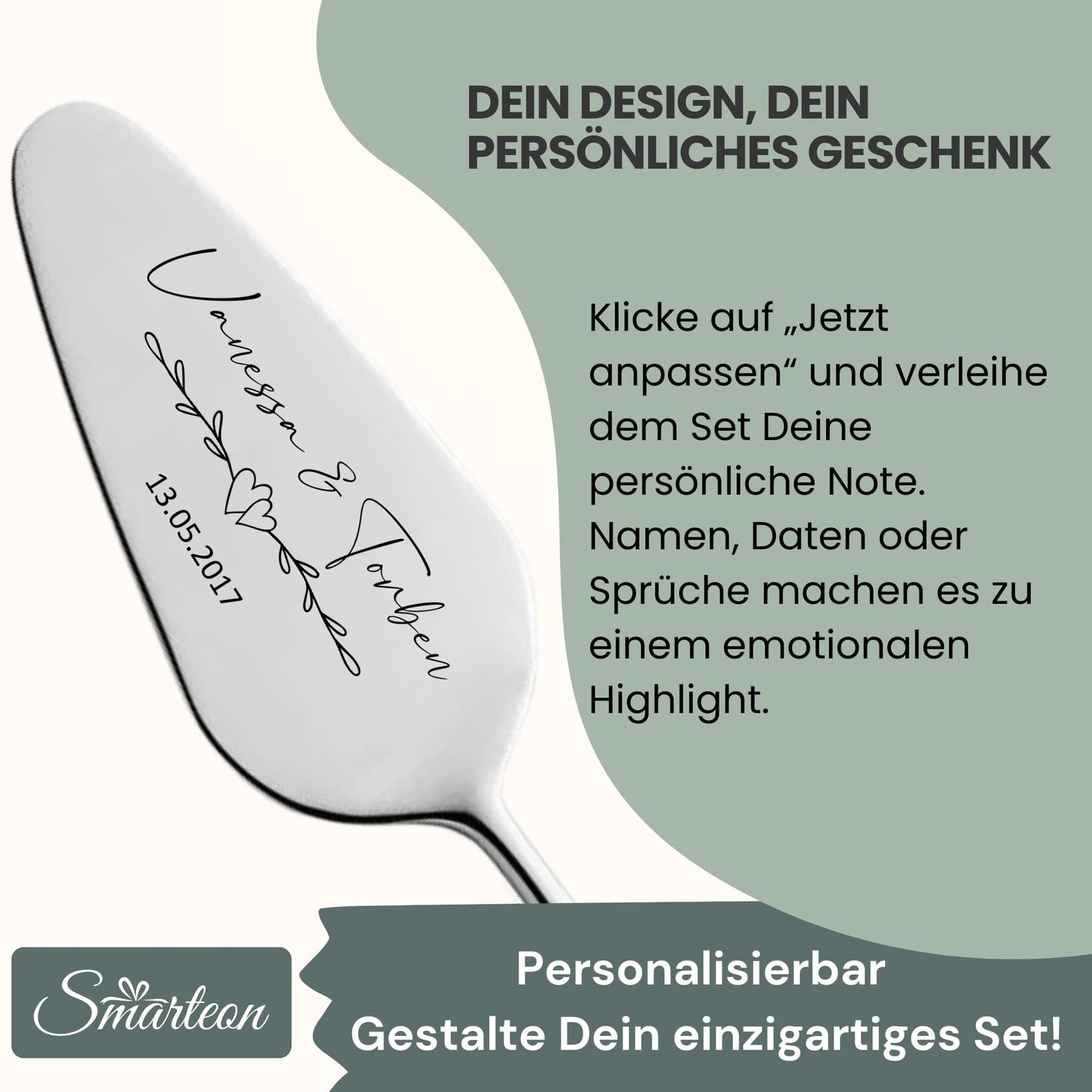 SMARTEON cake lifter including cake knife in set with personal engraving as a gift for wedding, anniversary, birthday - Wedding gifts for couples - Silver-colored set in gift box