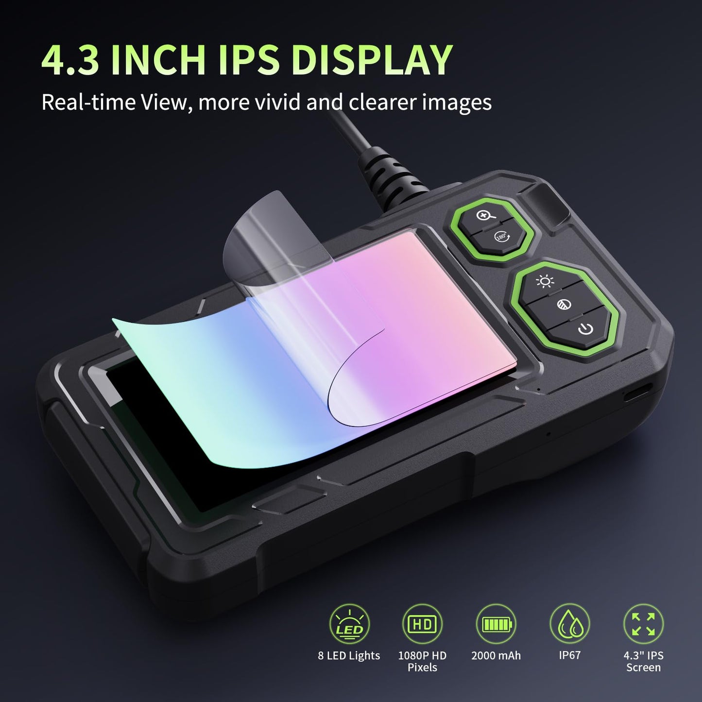 Dual Lens Endoscope Camera 10M, Hopefox 1080P HD Digital Endoscope with 4.3-inch IPS Screen, IP67 Waterproof Tube Camera with 8+1 adjustable LEDs, 8mm Snake Camera Inspection Camera