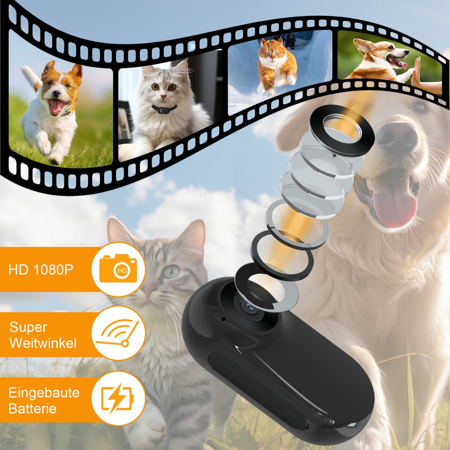 Dog camera Cat camera Collar Pet Camera with 16GB SD Card, Cat collar Dog collar Adjustable with Mini Storage Camera, HD 1080P Dog Cat Surveillance Camera Pet Camera Outdoor/Indoor