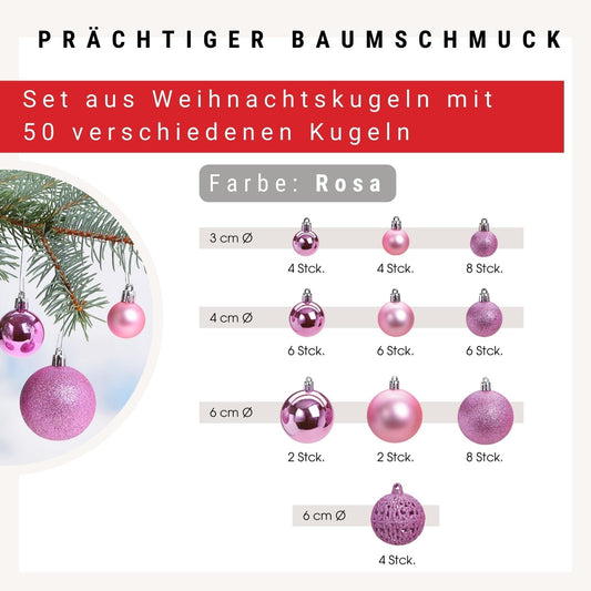 WOMA Christmas Ornaments Set Pink & 22 other colors - 50 & 100 Christmas Baubles Set - Plastic Christmas Baubles - Christmas Tree Decorations & Tree Ornaments