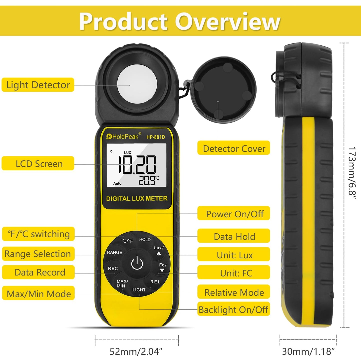 Digital light meter HoldPeak 881D 0.01~400,000 Lux, Lux meter 270° rotatable probe with data storage, Lux light meter for plants/LED lights/digital photography.