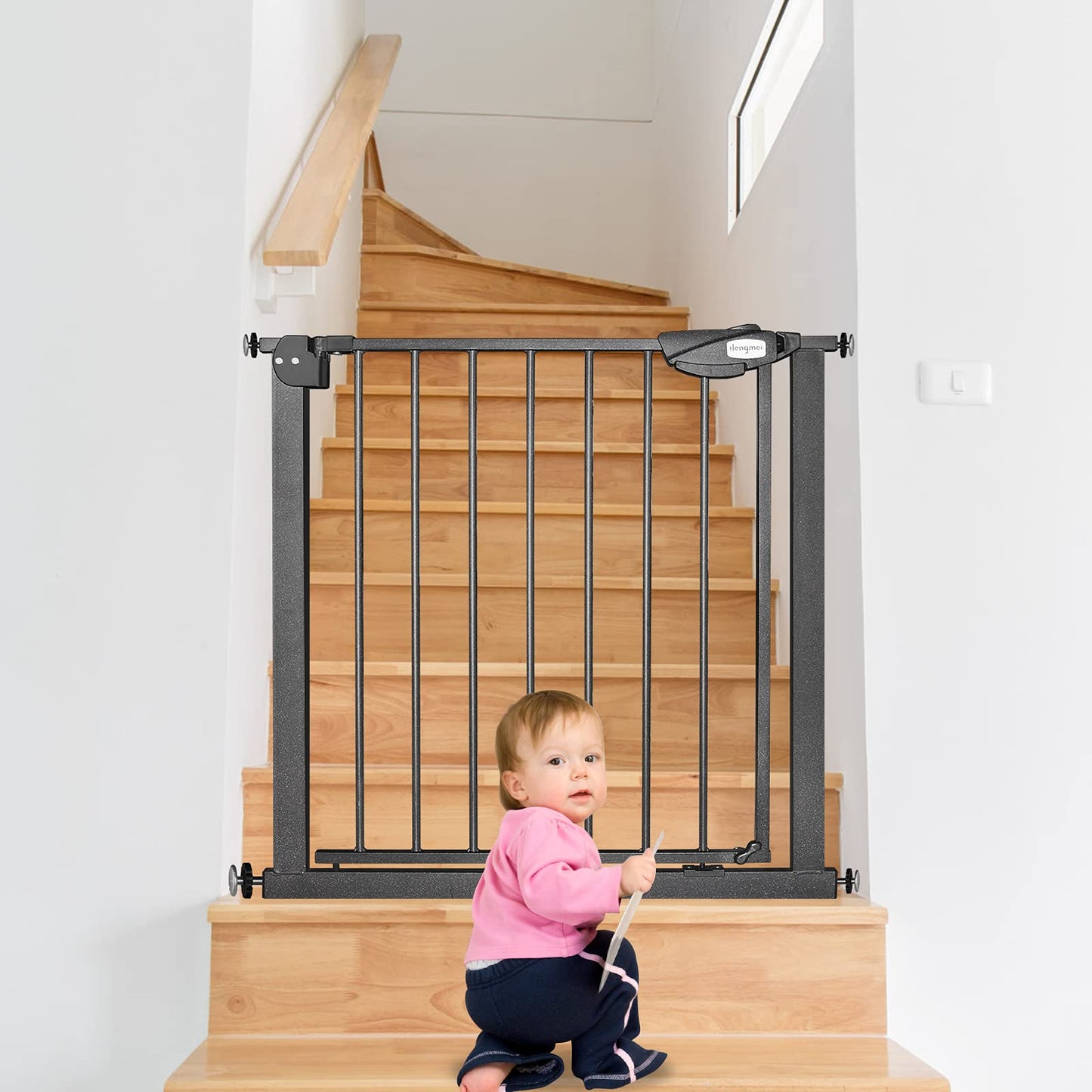 On door safety gate stair gate for children auto-close baby stair gate door gate, without drilling, 180° two-way opening (85-95 cm, Black)