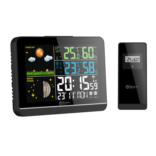 Miraval Funk Weather Station: Indoor/outdoor Hygrometer & Thermometer, color display, time and date display, day of week, moon phase, 2 alarms, outdoor sensor, adjustable in 8 languages