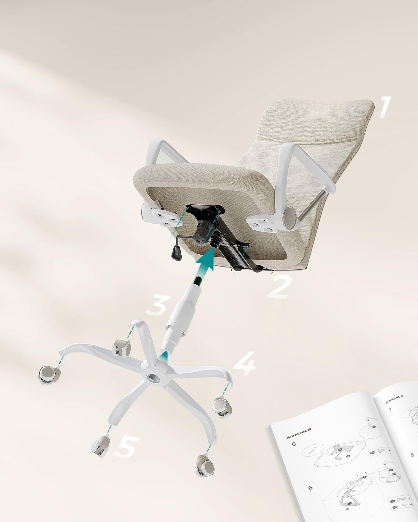 SONGMICS office chair, ergonomic desk chair, swivel chair, padded seat, height adjustable and tiltable, up to 120 kg load capacity, cappuccino beige OBN034K01
