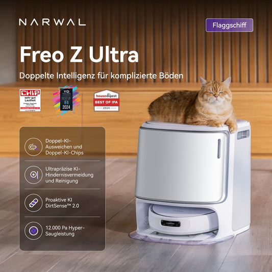 NARWAL Freo Z Ultra robot vacuum cleaner with mopping function, dual AI system, AI-adaptive hot water mopping and drying, 12,000 Pa suction power, Zero Tangling Brush 2.0, Intelligent APP (White).