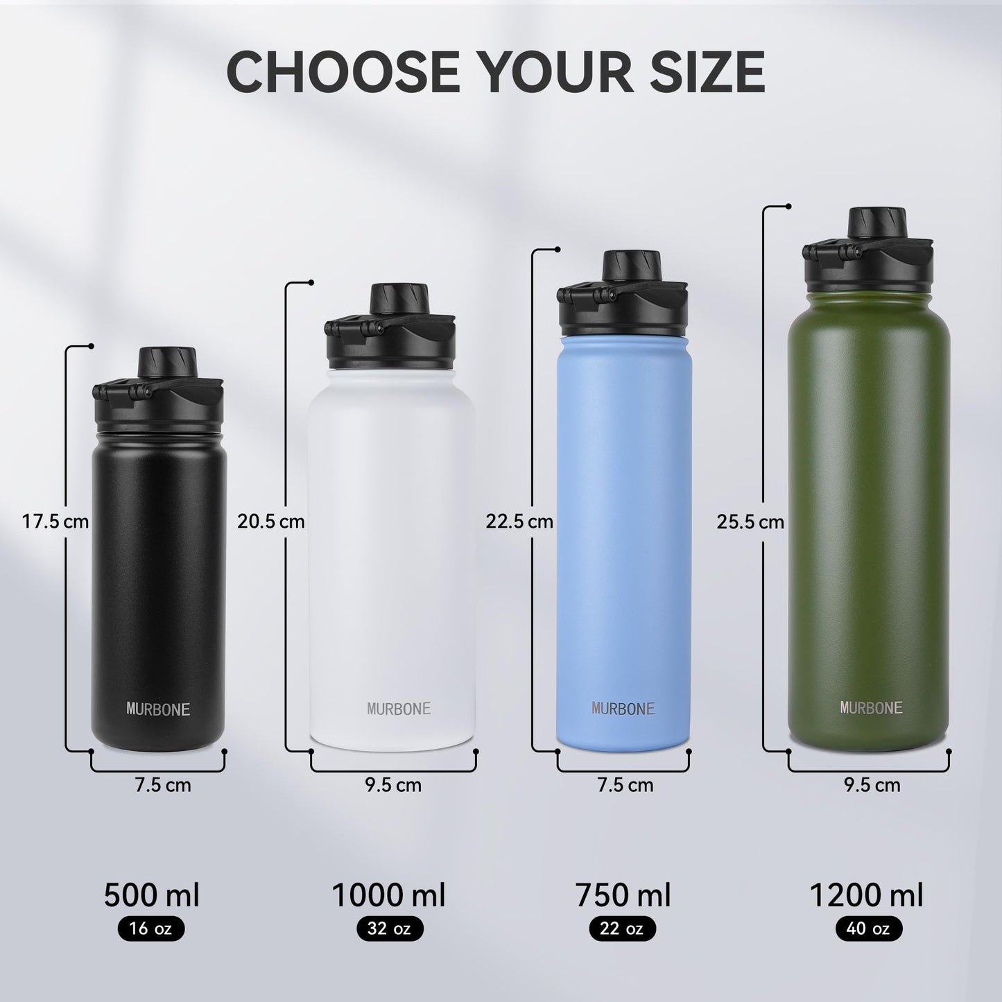 MURBONE Stainless Steel Water Bottle 750ml (+2 lids) with Straw, BPA Free, Leak-proof Thermos, Carbonation Compatible, Vacuum Insulated Double Wall for Sports, Travel, Camping (4-pack)
