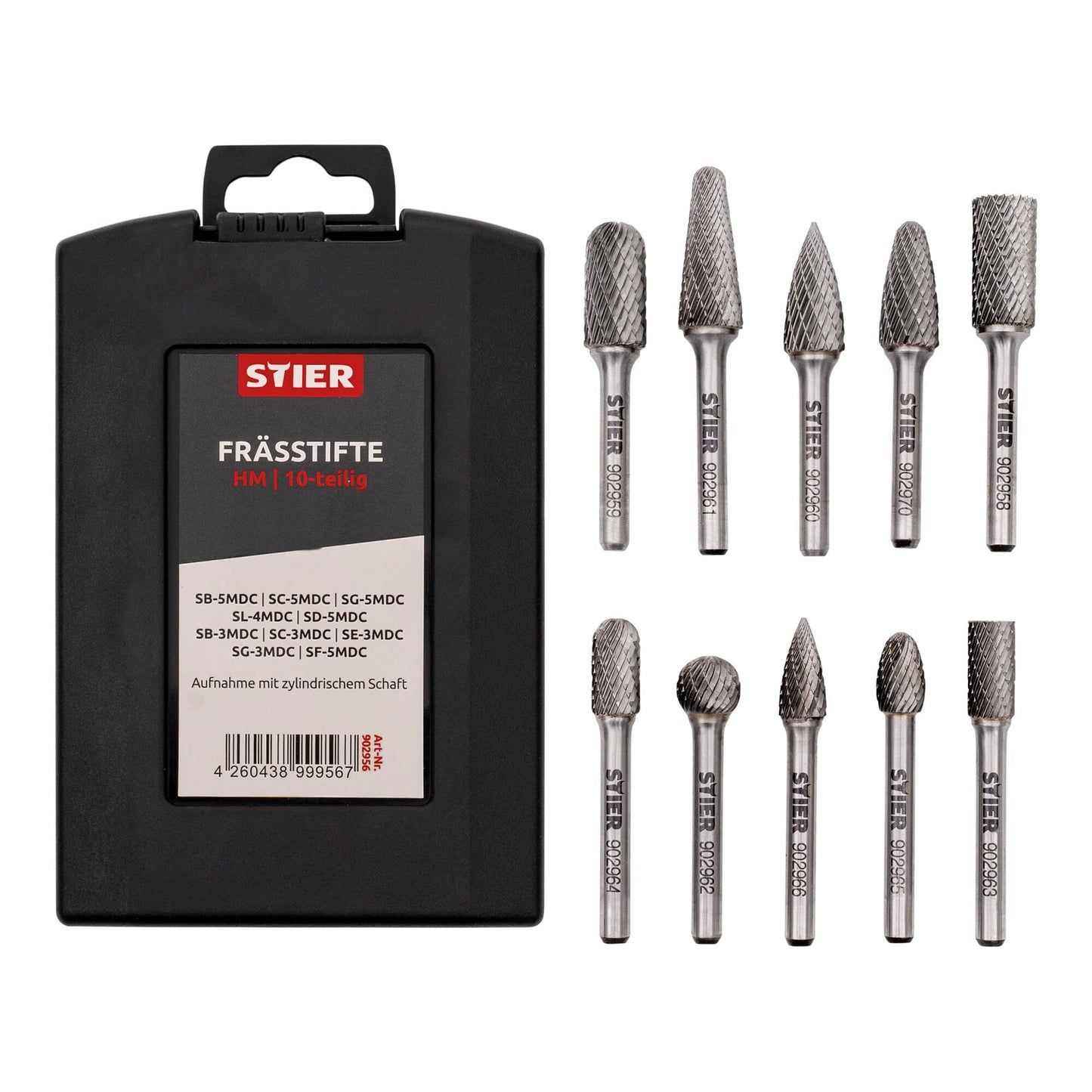 BULL Carbide Burrs Set 10 pcs, 6mm shank diameter, burr shapes: cylinder plain end, ball nose, oval, drop, pointed arch, high cutting speed 840 m/min.
