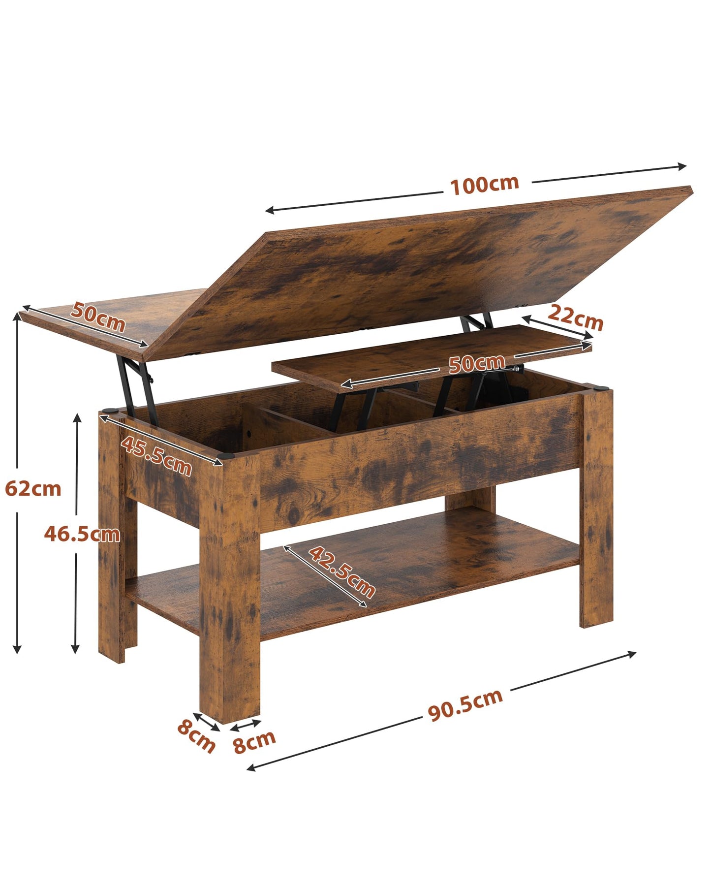 Height-adjustable coffee table, 3-in-1 multifunctional living room table with hidden storage, open shelf, and can be used as a dining table. Perfect for living room, office, in brown color.