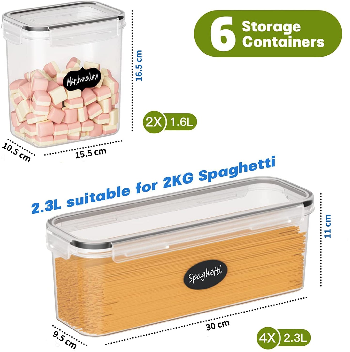 Without Set of 6 airtight storage containers, kitchen storage box with plastic lids, 2.3L spaghetti storage pasta container for noodles cereal cornflakes (2.3L 1.6L)